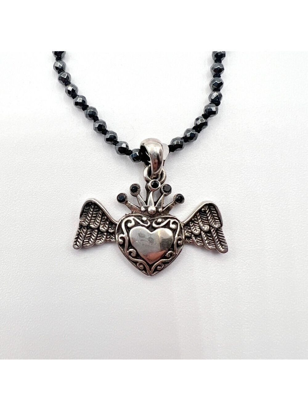 28 inch hematite necklace with solid silver Heart Angel pendant